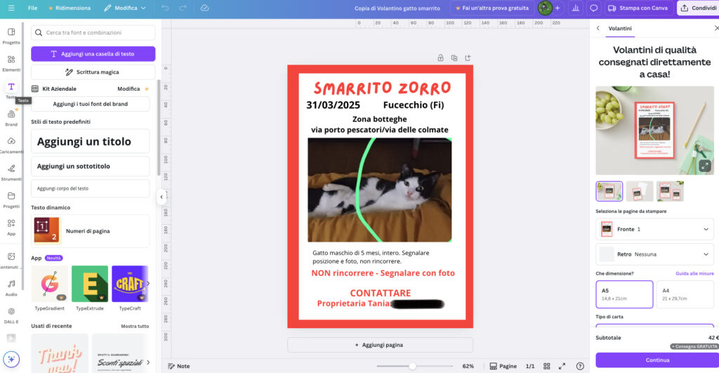 Volantino per ricerca animale smarrito