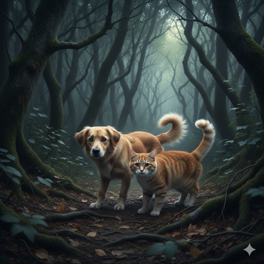 Cane e gatto vagano spaventati nel bosco